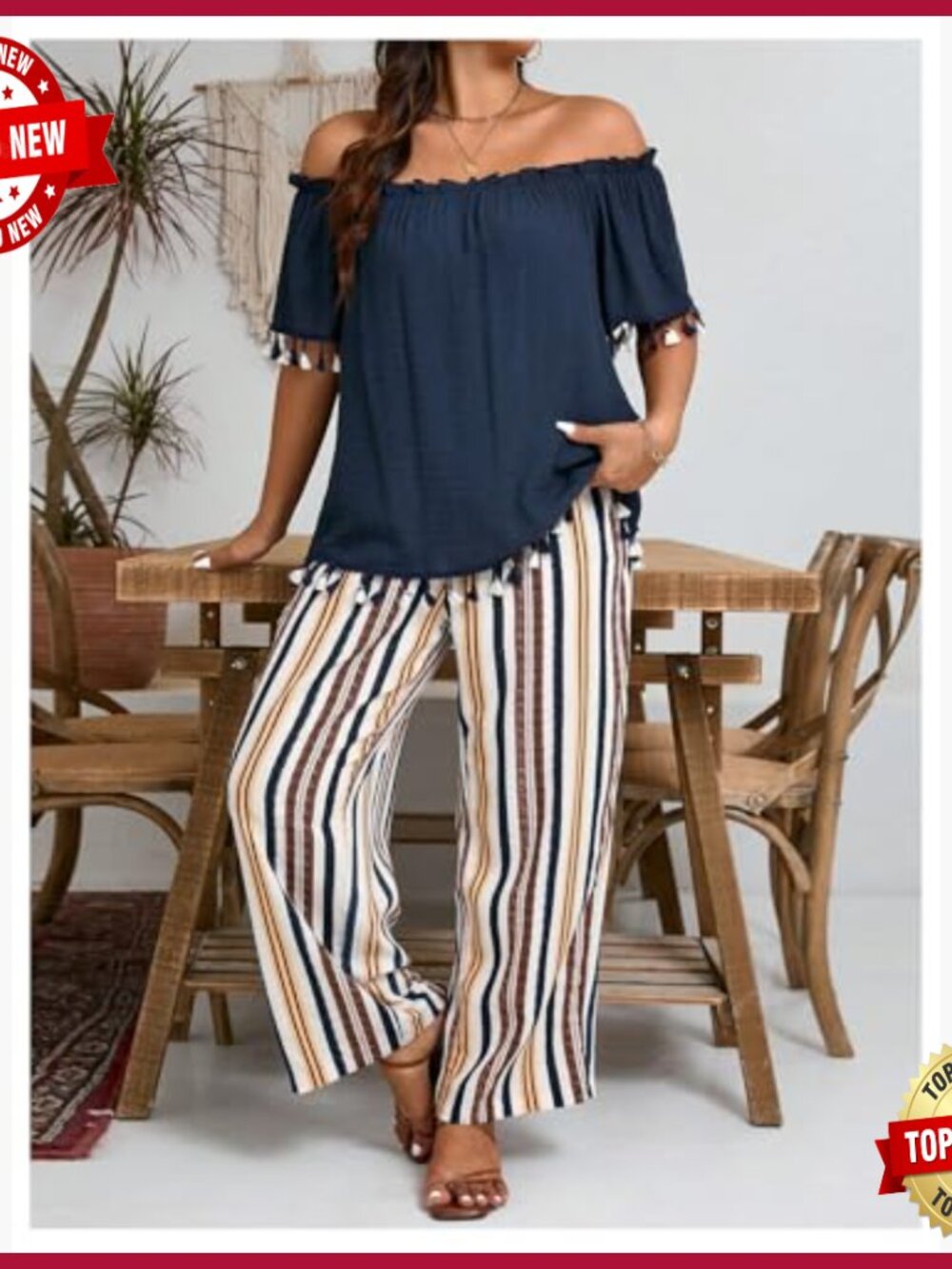 Plus Size Off Shoulder Blouse & Striped Pants Set, Lightweight Polyester - Picture 5 of 5